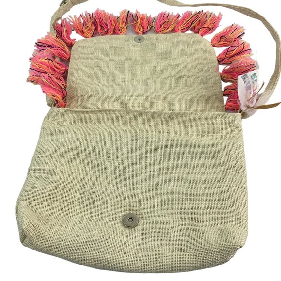 America & Beyond Purse Satchel Bag Aztec Design Embroidered Fringe Jute Nwt - Picture 7 of 9